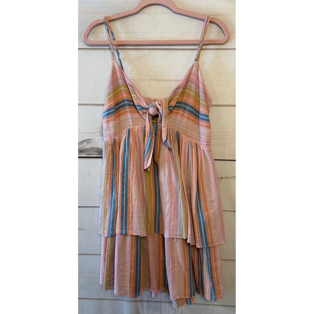 SAYLOR Women Striped Tie Front Tiered Mini Dress‎ Pink Blue Yellow